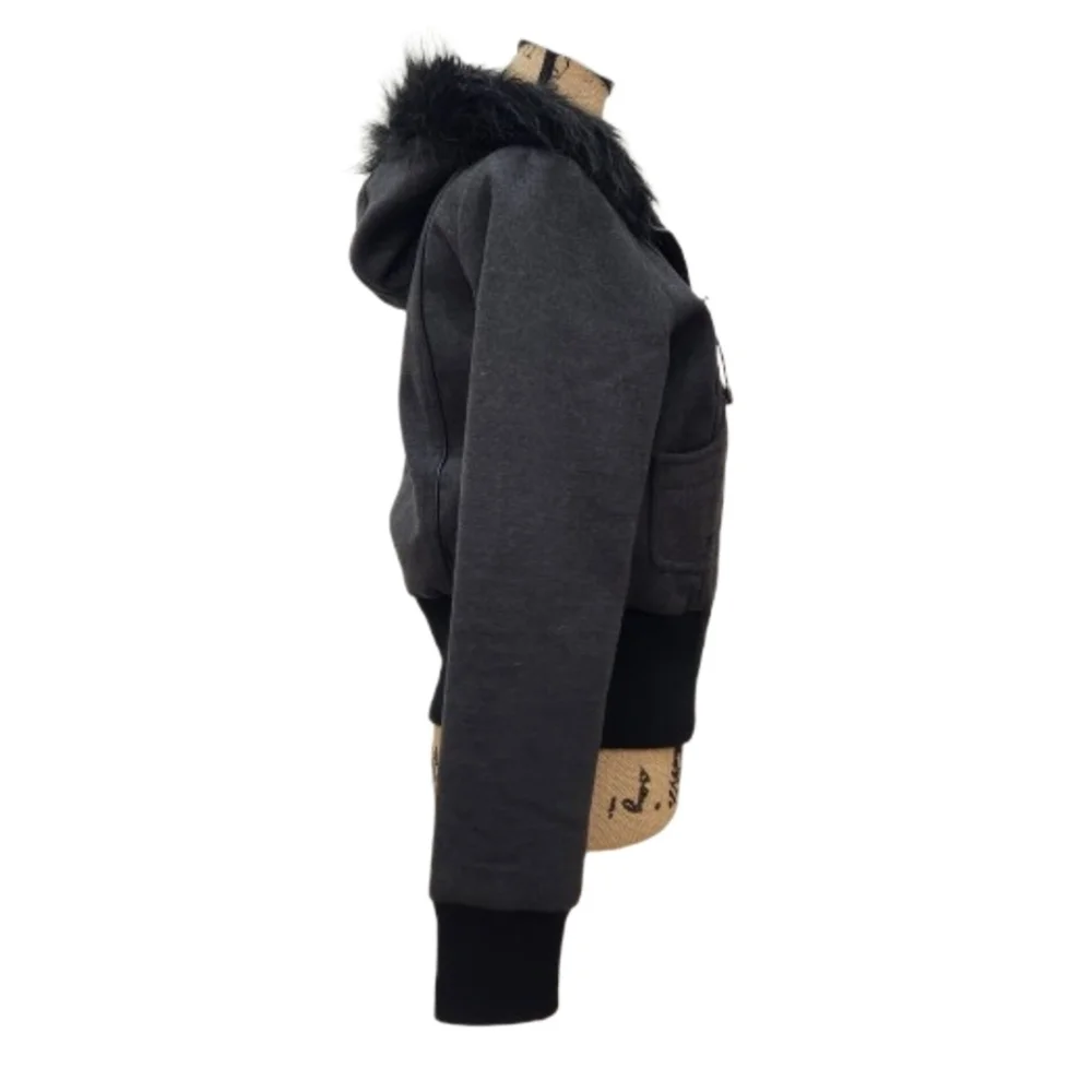 Fearless Cropped Jacket  – Charcoal Gray Faux Fur Hood, Zip Up, Womens. Medium